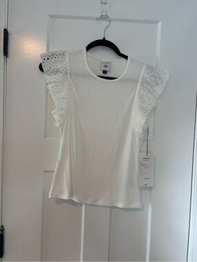 Cabi Frill White Ruffle Eyelet Sleeve Ribbed Tank Top small 6916